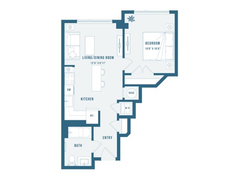 Floor plan for 1 bed, 1 bath, 618 sqft
